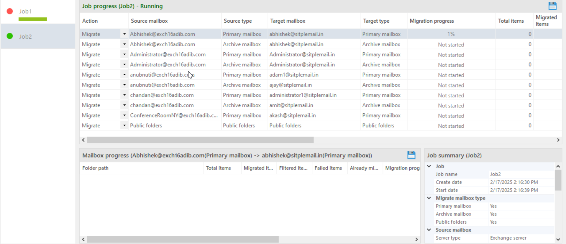 When you start the job, the status of that job turns to green as shown in the image. On the screen, you can see the progress and details of the complete job and you can also see the progress of as single mailbox along with other details.